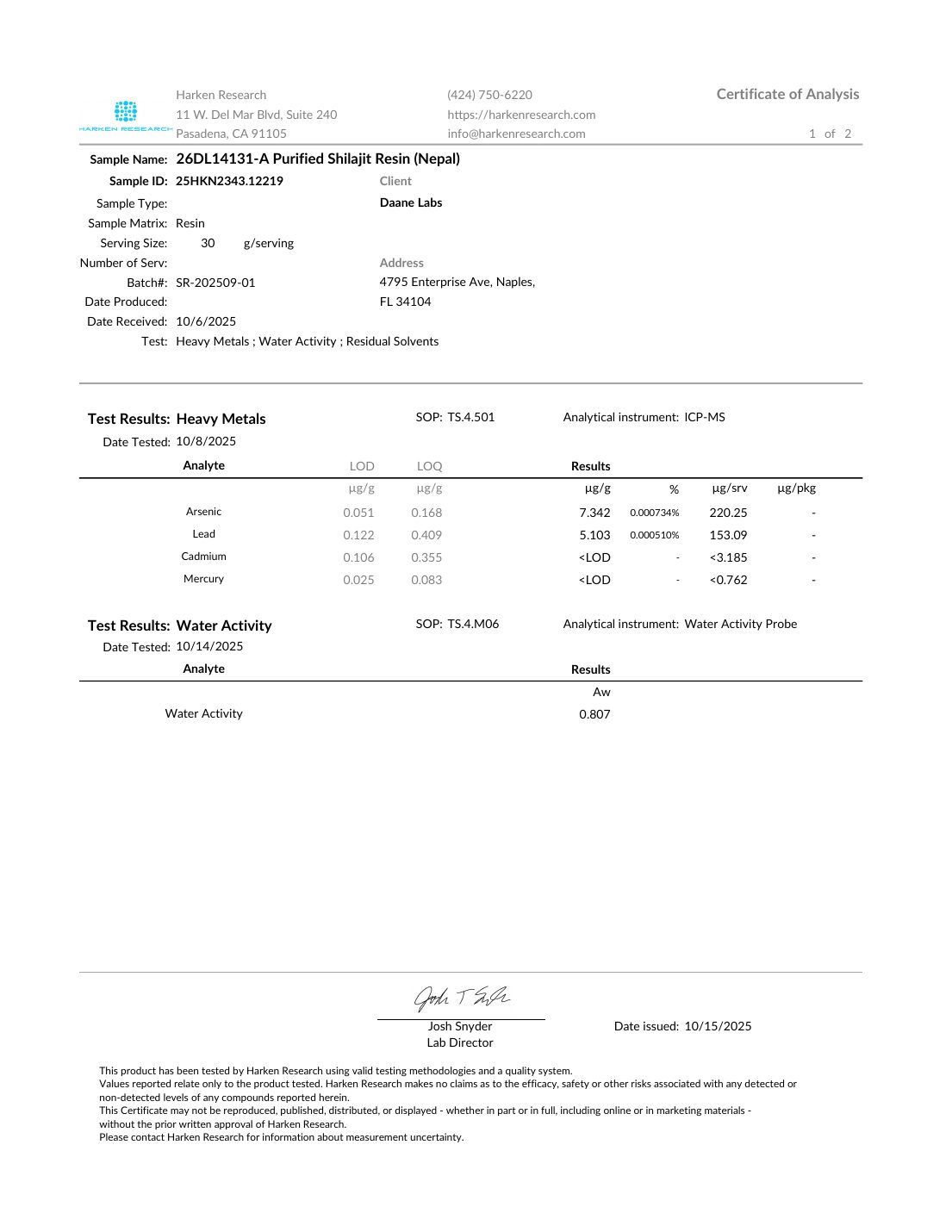 Certificate of analysis for batch SR-202509-01, page 1 of 2