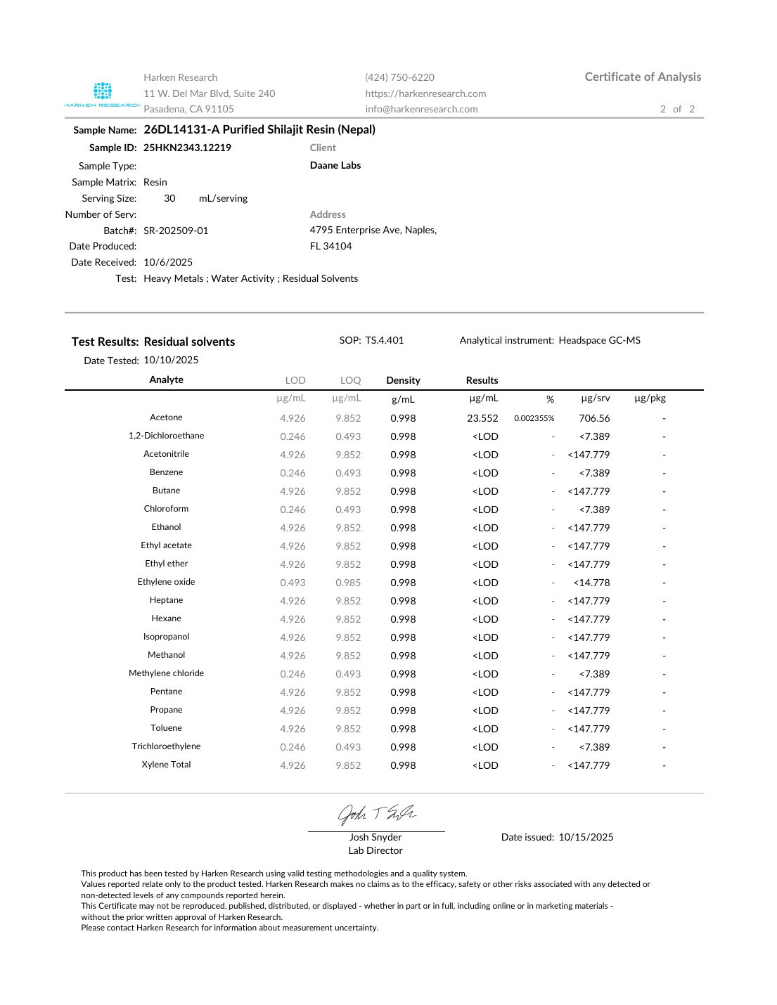Certificate of analysis for batch SR-202509-01, page 2 of 2