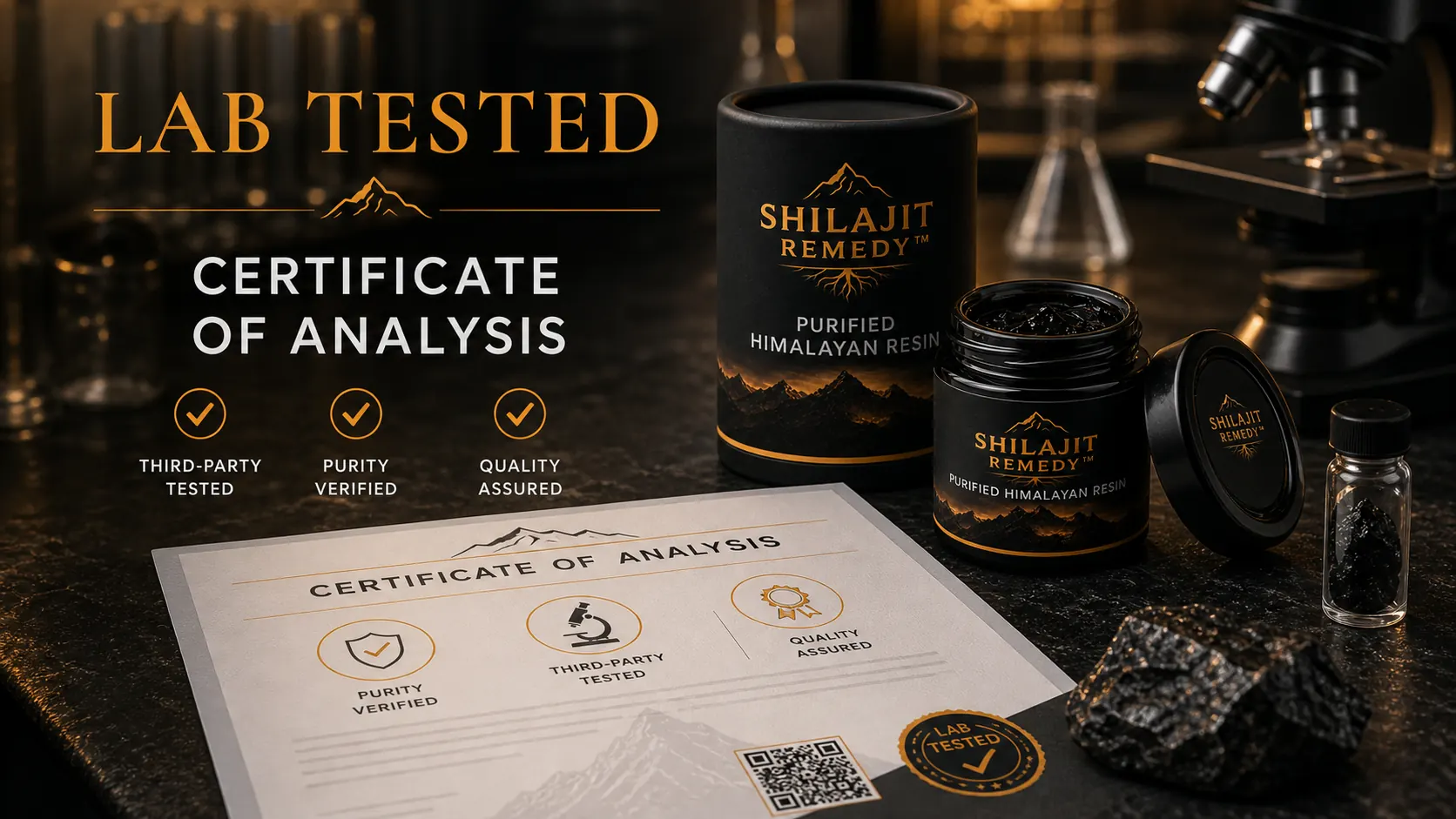 Shilajit Remedy resin and jar beside lab quality documentation