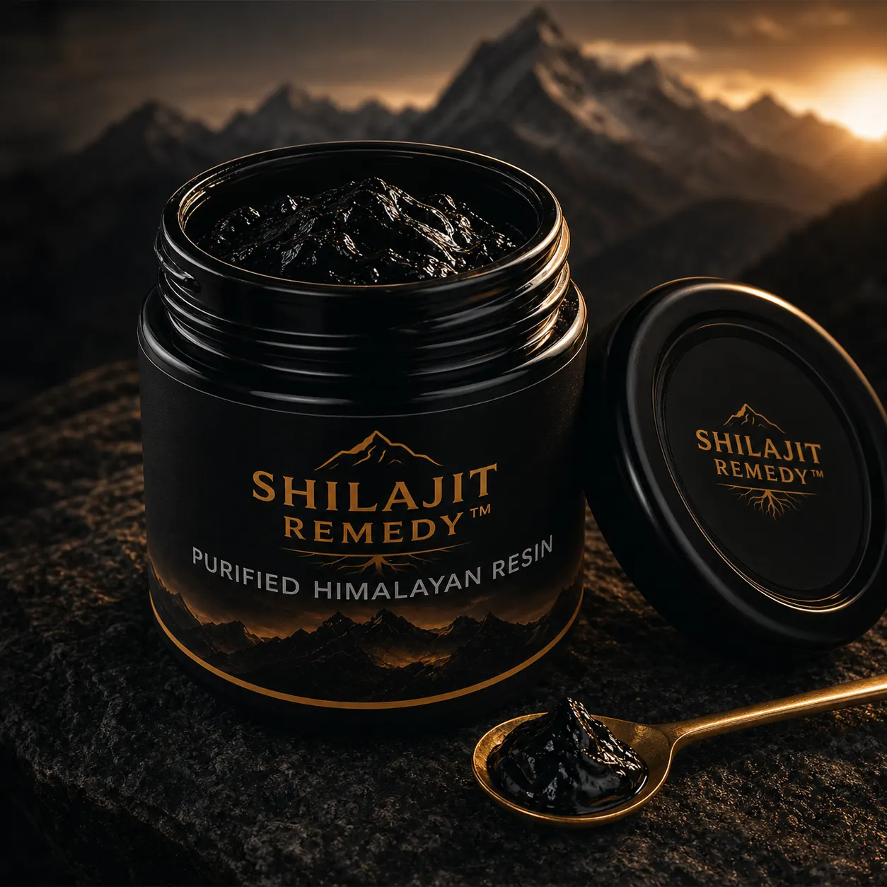 Open Shilajit Remedy resin jar with serving spoon