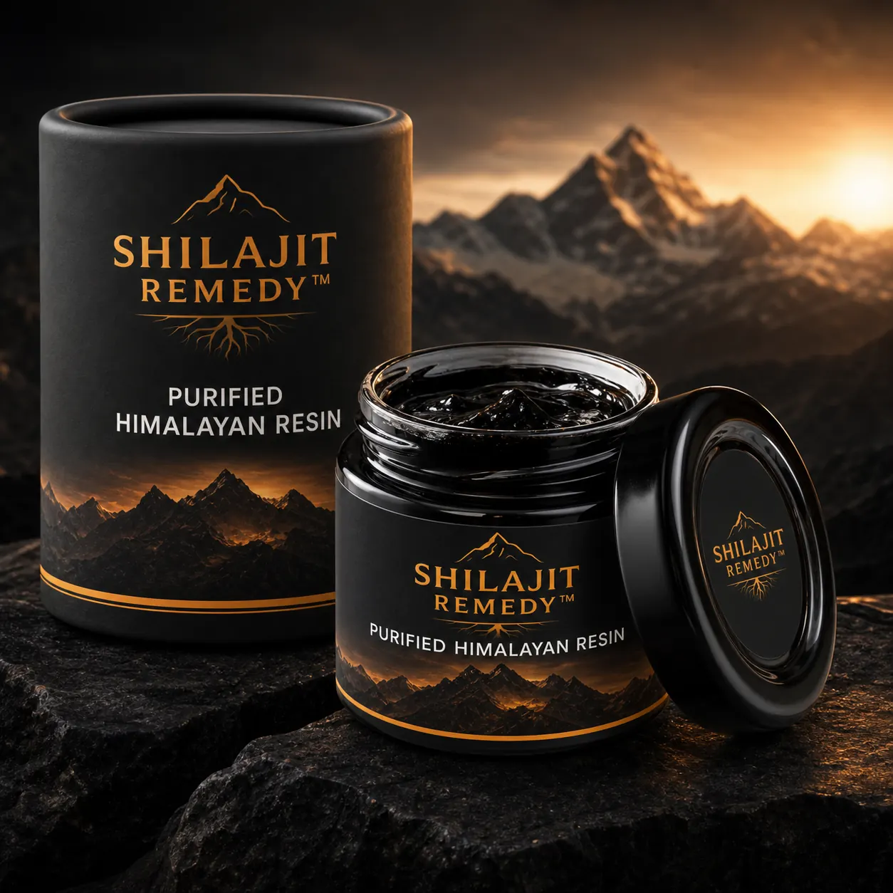 Shilajit Remedy™ Purified Himalayan Resin jar and package