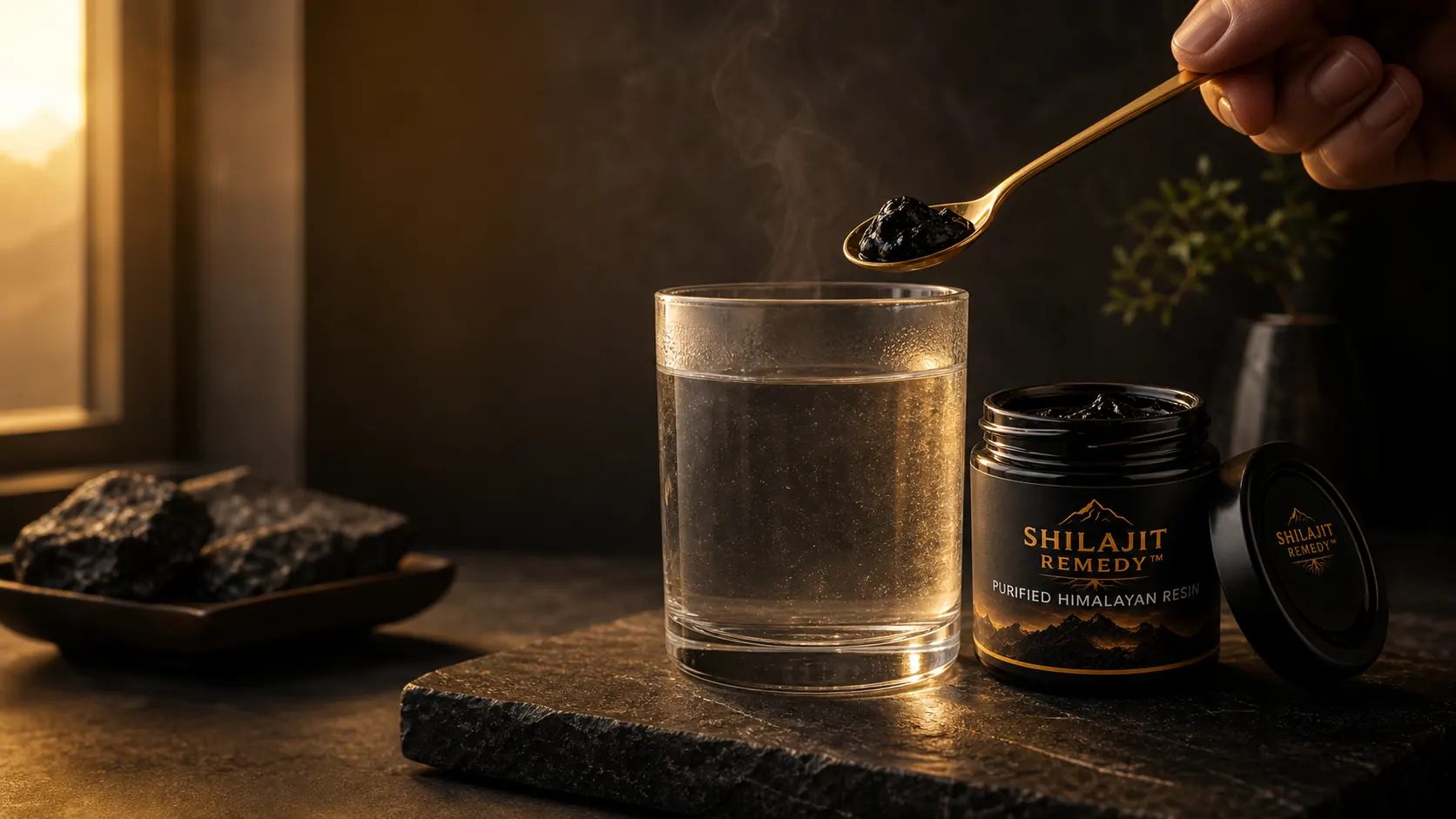Gold spoon of shilajit resin above warm water